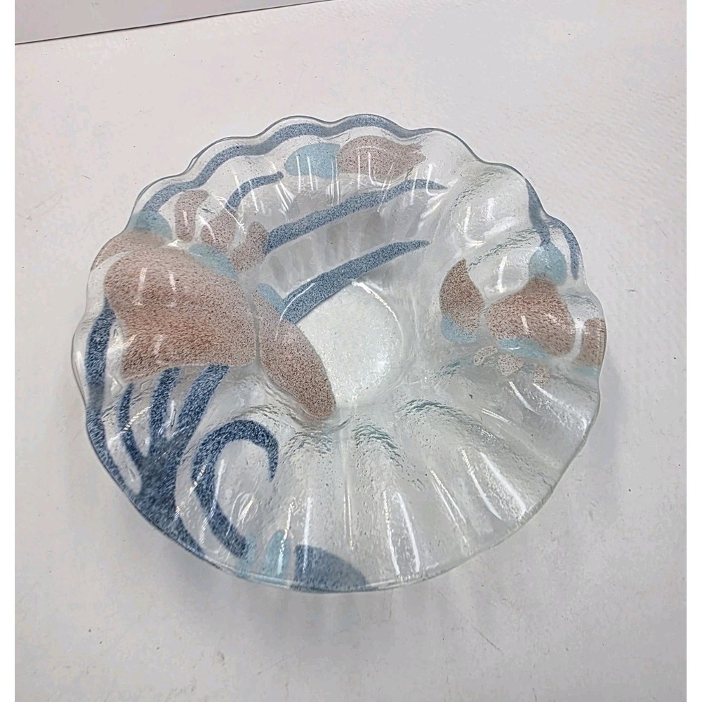Handcrafted Fused Art Glass Ruffled Edge Bowl Blue Pink Clear Abstract Swirl 7"
